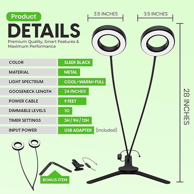 OSANI 24" Gooseneck Long Arm Grow Light, 48" Wide Coverage, 6000K Full Spectrum LED Grow Lights for Indoor Plants with Red Blue LEDs, 10-Level Dimmable, Auto Timer, USB & Adapter, Grow Lights Indoor