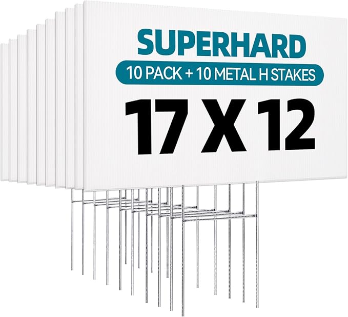 10 Pack Lawn Signs Corrugated Plastic 17x12 Inches Blank Yard Signs with Stakes for Yard Sale Sign Outdoor, Garage Sale, Open House, Estate Sale, Guidepost, Birthday Party