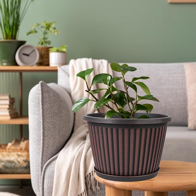 Planter-Pots-for-Plants-Indoor-Outdoor, 4 Pack 10 Inch Plastic Flower Pots with Saucer & Drainage Holes, Modern Garden Planters for Planting Medium Large Plants,Decorative Resin Garden Pots