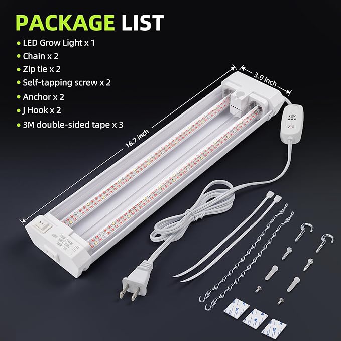 Hlite 16inch Adjustable Full Spectrum Plant Growing Lamps- Linkable Grow Lights for Indoor Plants Plug and Hanging Design with On/Off Switch Timer Hanging Grow Light from Seedling to Flowering,White