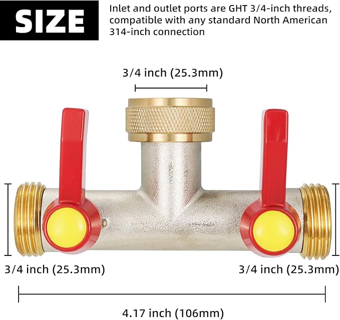2 Way Hose Splitter, Brass High Flow Garden Hose Splitter Heavy Duty, Hose Connector, Water Spigot Splitter, Full Flow Faucet Splitter with shutoff, 3/4” GHT Inlet