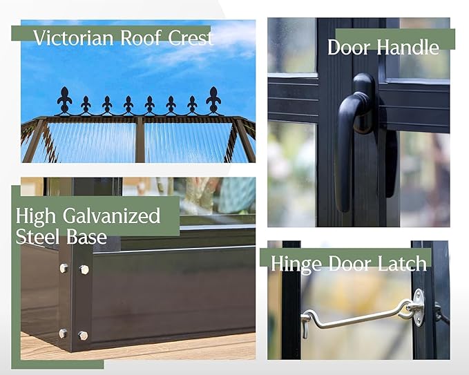 Jocisland 14x9.5x9 FT Outdoor Aluminum Greenhouse with Quick Connect Fittings, 6 FT Height Double Doors with Hook, Hybrid Polycarbonate Walk-in Greenhouse for Backyard, Black