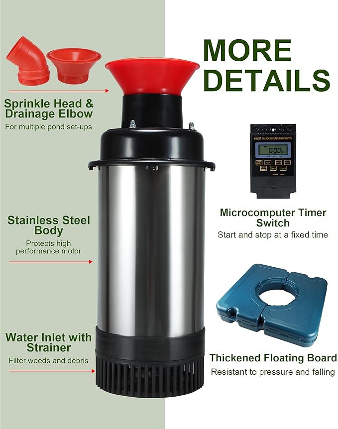 Pond Fountain Aerator 1HP, AS2 750W 15000GPH 110V/120V High Flow Floating Water Fountain Pump With 100ft Power Cord, Stainless Steel Body Aerating Fountains Cascade for Large Small Pond/Lake