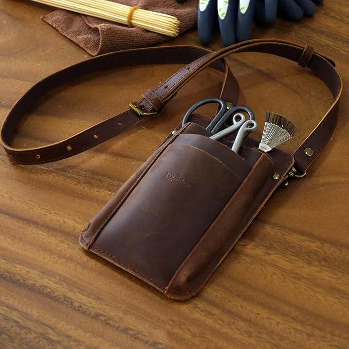 Tourbon Leather Florist Tool Waist Pouch Belt Garden Shoulder Crossbody Tools Bag Gardening Pruning Shears Holder Organizer Kit 4 Pockets (Brown)