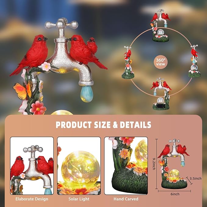 Red Cardinal Bird Statue with LED Ball Light 8.6"Resin Caidinal Figurine Outdoor Waterproof Solar Statues for Yard and Garden Unique Housewarming Birthday Outdoor Gifts for Women Mom Wife Girlfriend