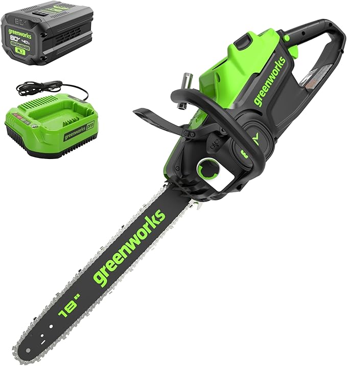 Greenworks 80V 18" Brushless Cordless Chainsaw (Great For Tree Felling, Limbing, Pruning, and Firewood), 75+ Compatible Tools, 4.0Ah Battery and Charger Included