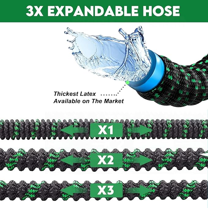 100 ft Expandable Garden Hose - Kink Free Flexible Water Hose with Thumb-Controlled 10-Function Nozzle, 3/4 Solid Brass Connectors, Retractable Latex Core - Lightweight Expanding Hose