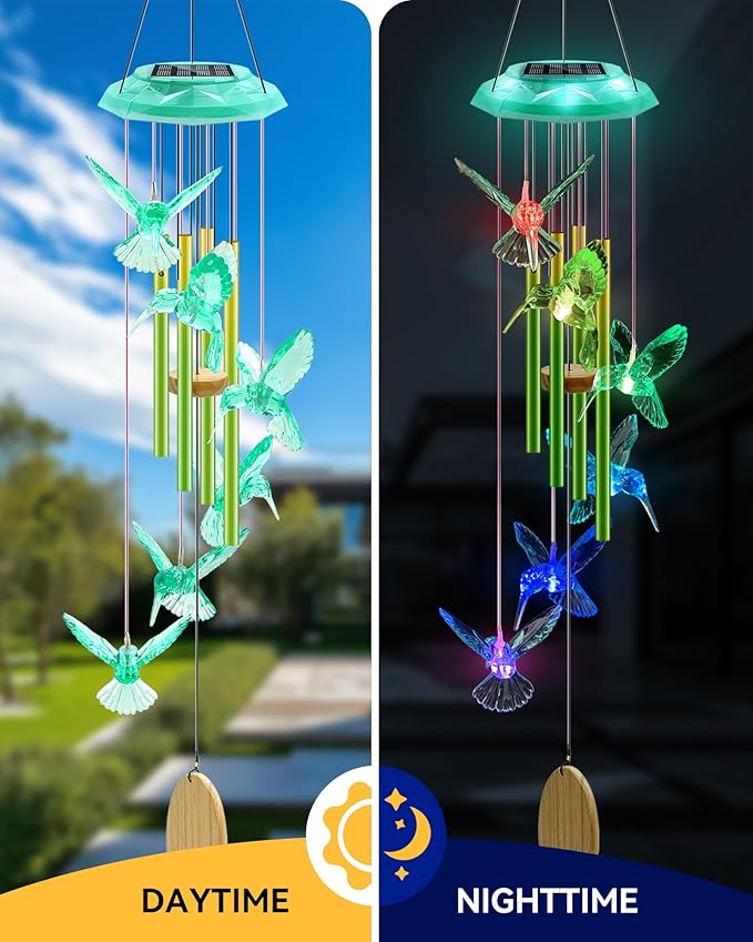 Hummingbird Solar Wind Chimes, Birthday Memorial Gifts for Women Mom, Glowing Top Color Changing Hummingbirds Moblie LED Wind Chime for Outside, Outdoor Home Party Garden Decor Light(Green)