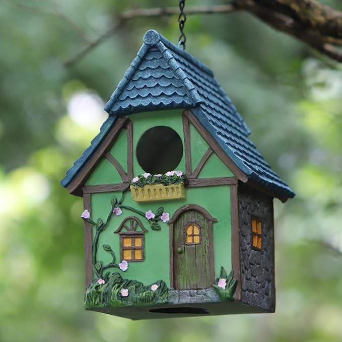 Cottage Garden Birdhouse – Green Resin Outdoor Decorative Bird House with Flower and Stone Details, Weatherproof for Backyard or Porch