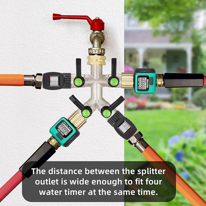 4 Way Hose Splitter, Brass High Flow Garden Hose Splitter Heavy Duty, Hose Connector, Water Spigot Splitter, Full Flow Faucet Splitter with shutoff, 3/4” GHT Inlet
