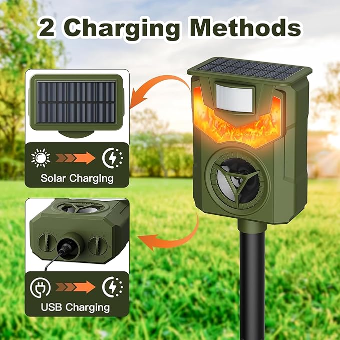 Solar Animal Repeller Ultrasonic Deer Repeller Fox Deterrent with 5 Modes Motion Sensor Flame Light for Repel Squirrel Cat Dog Outdoor Lawn Orchard Garden