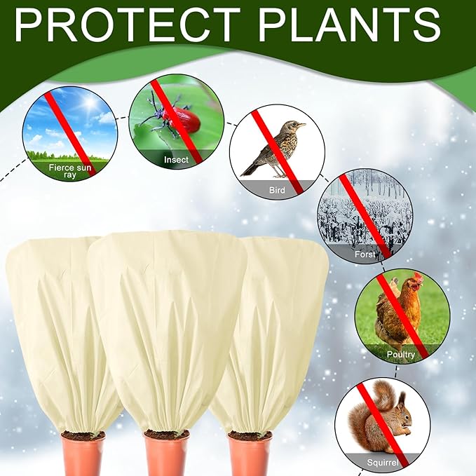 8 Pcs Plant Covers Frost Protection Bag 47" x 31.5" Winter Reusable Plants Jacket with Drawstring Shrub Protection Wraps Bags Frost Blanket for Winter Outdoor Garden Plants