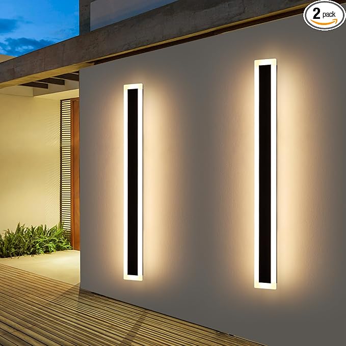 Upgrade Widened 2 Pack LED Outdoor Wall Lights, 57inch Modern Lighting Fixture, 3000K Warm White, IP65 Waterproof, 50W, White Acrylic, Black Minimalist Wall Mount Sconce for Balcony, Yard, Fence