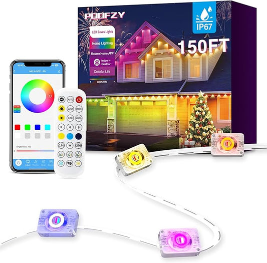 POOFZY Permanent Outdoor Lights for House, 150ft RGB+IC Smart Outdoor Decor, 50 Scene Modes, App/Remote Control, IP68 Waterproof, for Christmas, Holiday, Daily & Pool Party Decor, House Roof Lighting