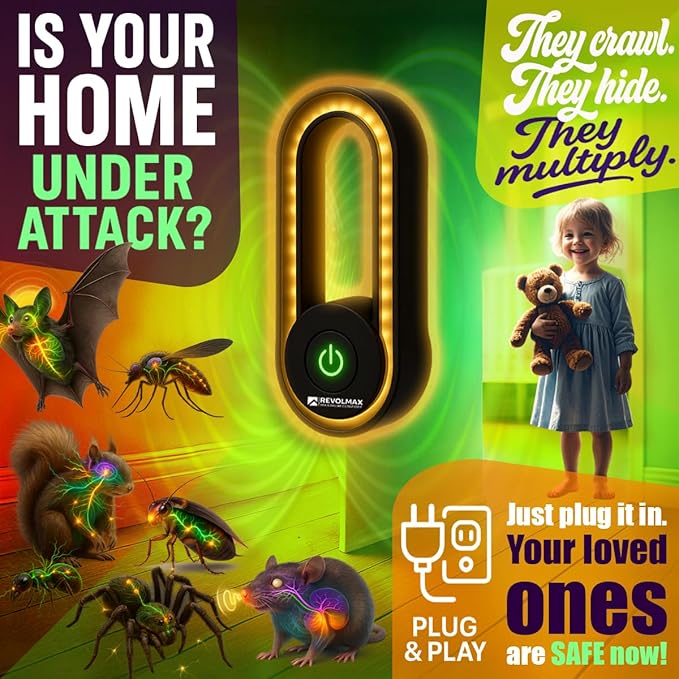 A28, Ultrasonic Pest Control Repeller - Electronic & Ultrasound, Indoor Plug-in Repellent - Get rid of - Rodents, Mice, Squirrels, Bats, Insects, Bed Bugs, Ants, Fleas, Spiders, Roaches (6Pack, Black)