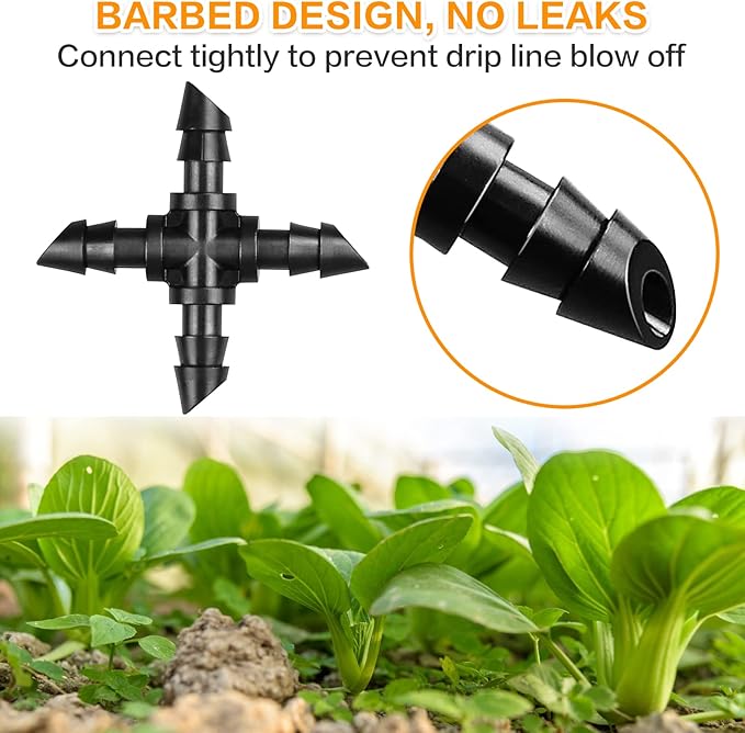 Drip Irrigation Cross Fittings: 45 Pieces Barbed 4-Way Cross Irrigation Parts with Sharp End Fits for 1/4 Inch Drip Tubing Line Tee Connectors for Garden Lawn