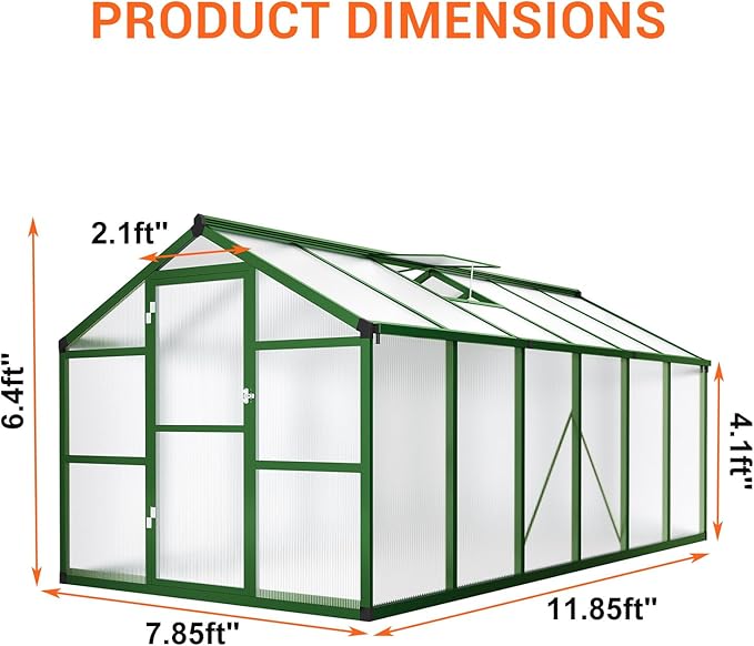 8x12 FT Polycarbonate Greenhouse with Roof Vent - Large Aluminum Walk-in Greenhouse Kit for Gardening, Backyard, Patio, Lawn - Easy Assembly