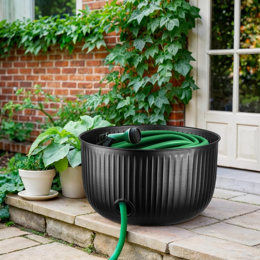 Monarch Abode Decorative Garden Hose Holder with Lid, Matte Black Storage for Outdoor Use, 100 ft Water Hose Pot for Outside, Ridge Embossed Metal Pot with Drainage, Garden Storage Organizer