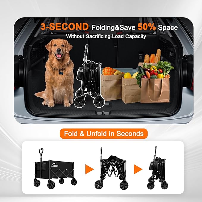 Collapsible Folding Wagon Cart, 350LBS Utility Large Capacity Cart Foldable Wagon with All Terrain Wheels, Grocery Wagons Carts for Garden Shopping Sports Camping, Black