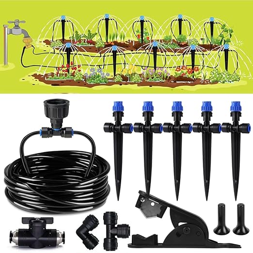 16.4FT Quick-Connect Drip Irrigation Kit with Adjustable Fan-Shaped Drippers for Garden Watering, Saving Water Automatic Irrigation Equipment for Greenhouse Raised Bed and Plants Vegetable Garden