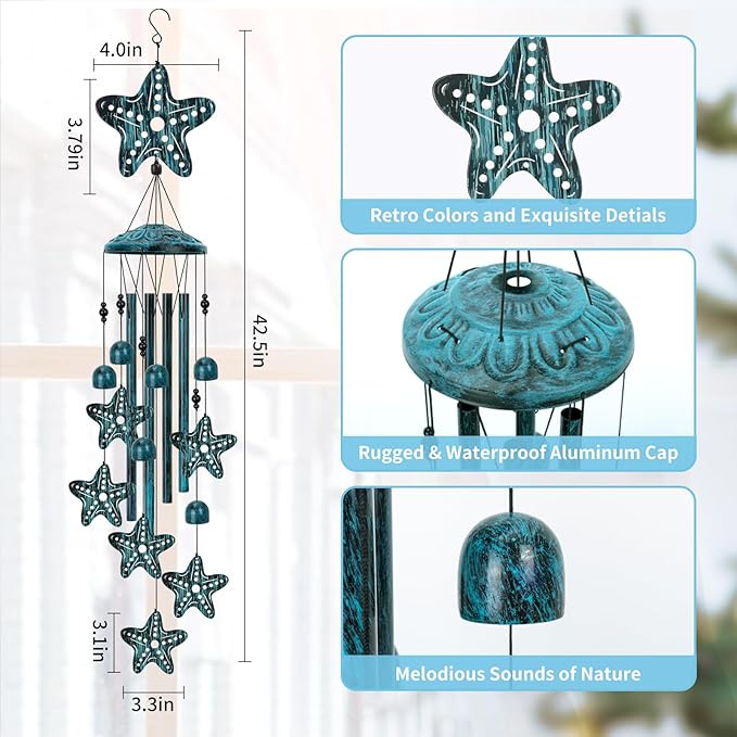 Starfish Wind Chimes for Outside, Large Starfish Gifts for Women, Blue Marine Animal Wind Chime, Metal Starfish Decor, 40" Outdoor Garden Decor for Lawn, Porch, Patio, Yard