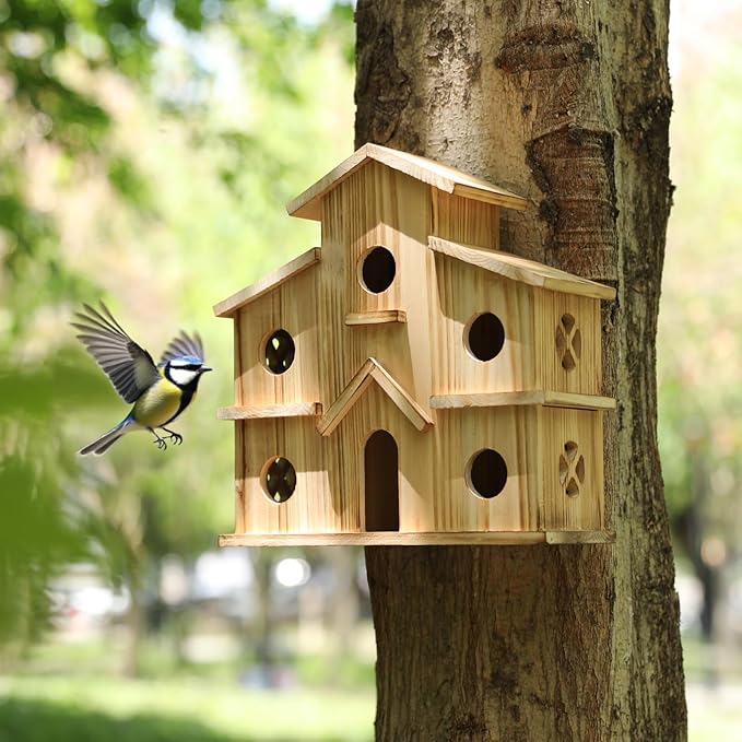 Bird Houses for Outside,Outdoor 6 Hole Bird House -Hummingbird House-Large Bird House for Outside-Birdhouse kit (Wood, Set-1)