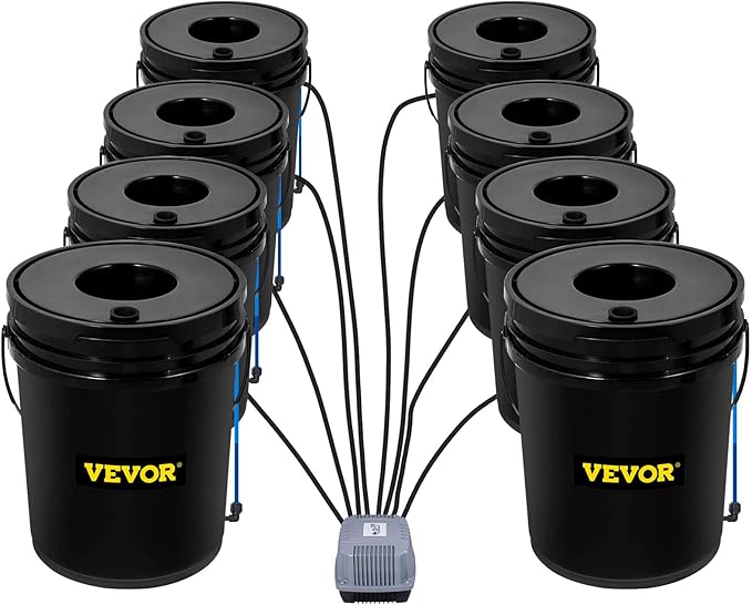 VEVOR DWC Hydroponic System, 5 Gallon 8 Buckets, Deep Water Culture Growing Bucket, Hydroponics Grow Kit with Pump, Air Stone and Water Level Device, for Indoor/Outdoor Leafy Vegetables