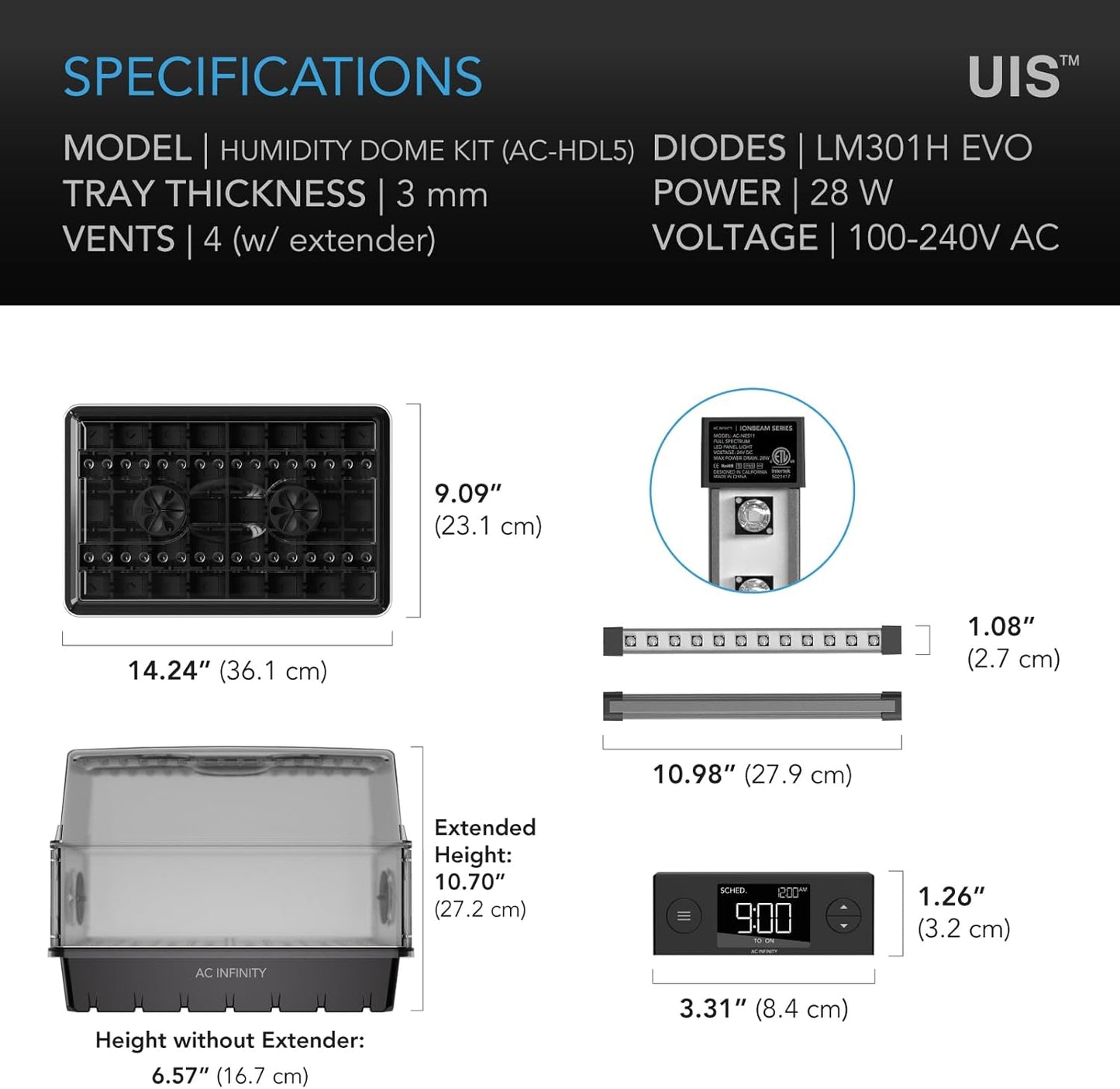 AC Infinity Heavy-Duty Humidity Dome with Full Spectrum LED Grow Light Bars, Samsung LM301H EVO Diodes, 3mm Thickest Dome and 5x8 Trays, Vent Extension Panels, for Seed Starting and Propagation