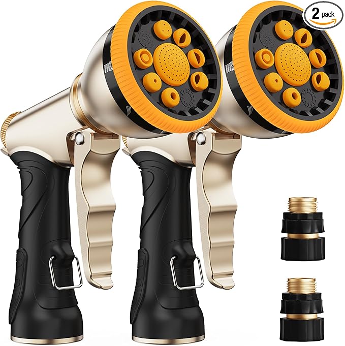 RAINPOINT Garden Hose Nozzle, Heavy Duty Metal Water Hose Sprayer Nozzle with 9 Adjustable Spray Patterns, High Pressure Hand Sprayer for Watering Plants, Lawns, Car and Pet Washing (2, Orange)