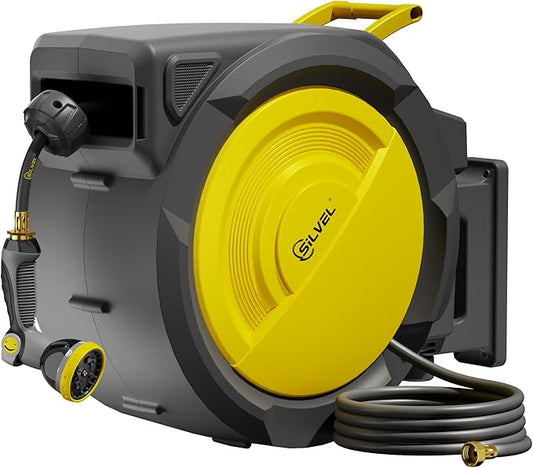 SILVEL Retractable Garden Hose Reel – 5/8 in x 110FT Heavy Duty Automatic Hose Reel Wall Mounted, UV Resistant with 10 Pattern Nozzle, Any Length Lock & Slow Return System, 180°Swivel Bracket, Yellow