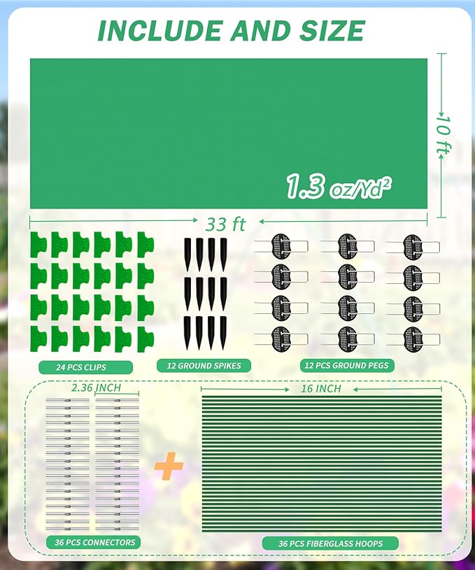 NEW Plant Covers Freeze Protection Kit,10x33FT 1.3 oz/yd² Frost Blanket,36 Hoop,12 Peg,Reusable Garden Bed Covers for Winter,Greenhouse Tunnel,Snow & Pest Protection for Outdoor Plant & Raised Bed