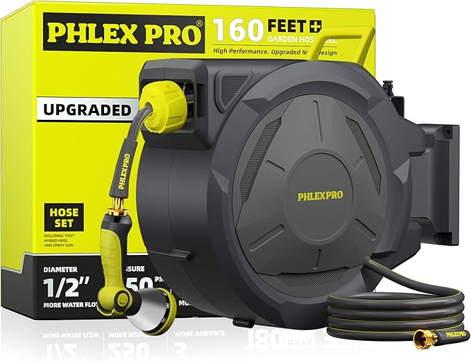 Retractable Garden Hose Reel 1/2 in x 160Ft Extra Long,Heavy Duty Automatic Water Hose Reel Wall Mounted with 10 Pattern Nozzle, Any Length Lock, Slow Return System, 180ยฐSwivel Bracket