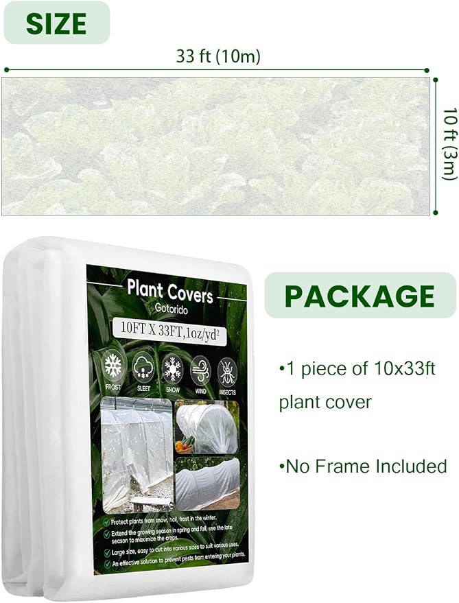 Plant Covers Freeze Protection, 10 ft x 33 ft 1.0 oz/yd² Reusable Frost Protection Floating Row Cover, Frost Blankets for Plants, Frost Cloth for Cold Weather Snow, Winter Frost Pests Protection