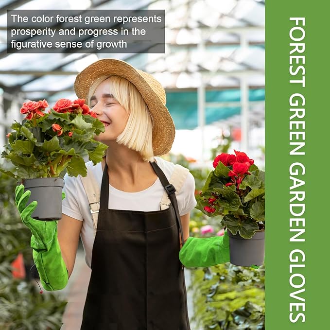 Gardening Gloves for Women, Garden Gloves for Thorn Proof, Professional Rose Pruning Gloves, Long Leather Garden Gloves (Medium, Forest Green)