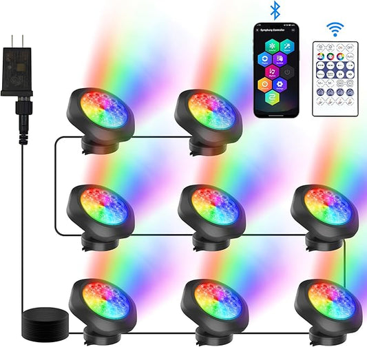 RGB Underwater Pond Lights, Super Bright 18 LED Submersible Fountain Lights Color Changing Spotlights, Bluetooth APP Control IP68 Waterproof for Fish Aquarium Tank Garden Yard Pool(Set of 8)