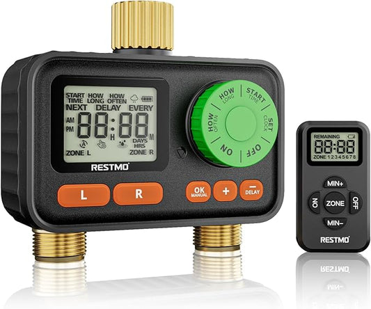 RESTMO RF Remote Controlled Sprinkler Timer with Brass Inlet & Outlet, Water Timer for Garden Hose, Automatic/Manual/Rain Delay for Outdoor Faucet, Drip Irrigation and Lawn Watering, 2 Outlet