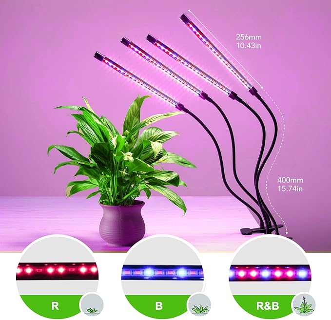 Plant Lights for Indoor Growing, Red Blue Spectrum 4 Heads Clip Grow Lamps with 10 Feet Cables for Seeding Blooming and Fruiting(2 Pack)