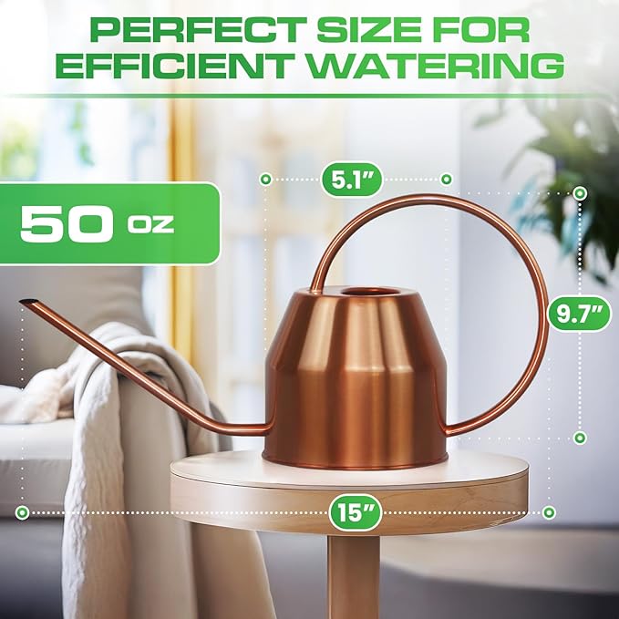 Plexon Rose Gold Metal Watering Can Indoor Plants 40 oz, Stainless Steel Long Spout Watering Can Outdoor House Plant Flower, Garden