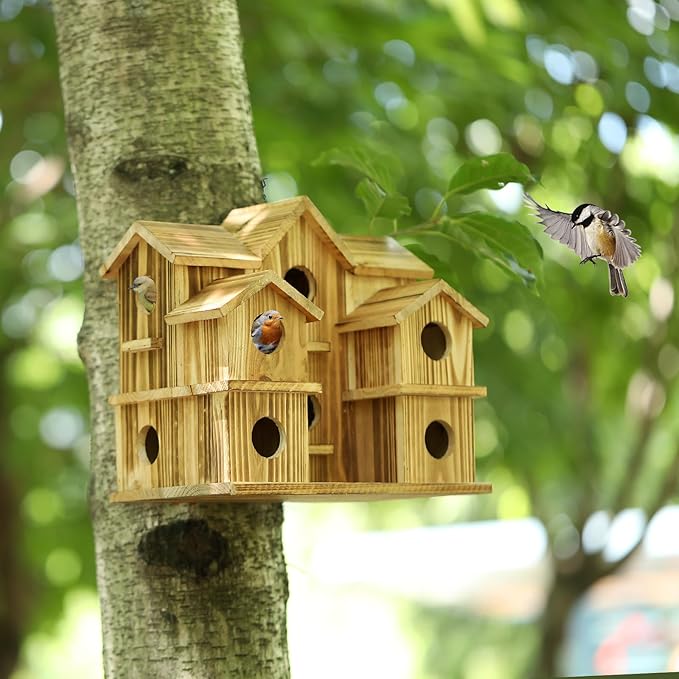 Bird Houses for Outside 10 Hole Bird House Room for 10 Bird Families Large Bird House for Garden/Courtyard/Backyard Decor Finch Bluebird Cardinals Handmade Hummingbird House