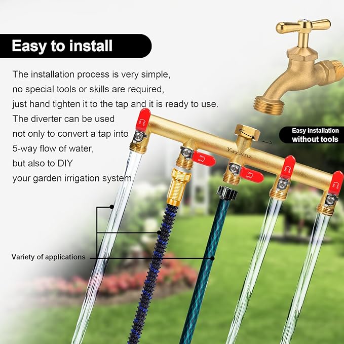 Garden Hose Splitter, 3/4” Rust and Freeze Resistant Outdoor Hose Manifold with 5 Red Extra Long Handles Faucet Adapter-Heavy Duty Brass 5-Way Valve
