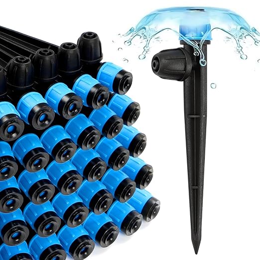 RedChili 50 Pieces Drip Emitters for 1/4" Drip Irrigation Tubing, Adjustable 360 Degree Vortex Drip Emitters with Stake 360° Full Circle Fan Shape Pattern Garden Irrigation Micro Drippers