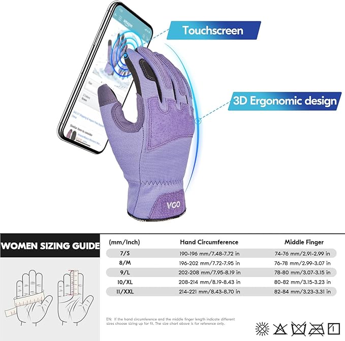 Vgo... Winter Gardening Gloves Women,Safety Work Gloves, Puncture-proof,Thornproof,Touchscreen(1 Pair,S,Purple,SL7471FLWP)
