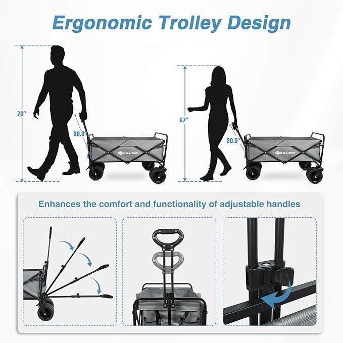 Yesker Foldable Wagon - 300lbs Collapsible Garden Carts with All Terrain Wheels for Outdoor Camping Sports Shopping Gardening - Heavy Duty Portable Utility Trolley (Gray)
