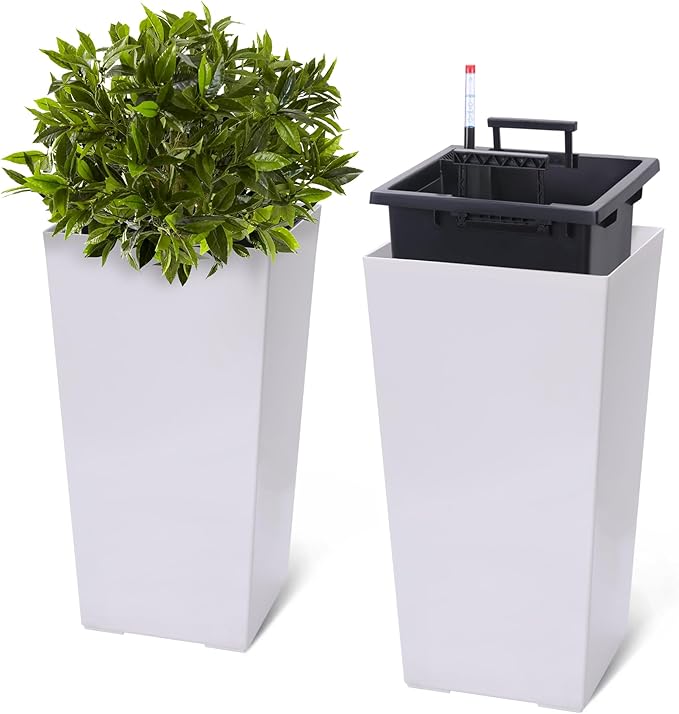 GarveeLife 22.5 in Tall Planters Set of 2, Outdoor&Indoor Black Planter Pots, High Front Porch Planter Pots with Drainage Holes&Water Level Monitor&Inner Bucket, Automatic Watering, White