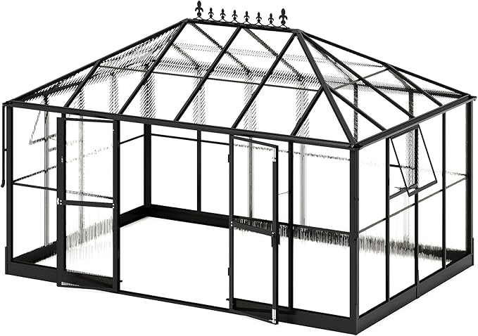 Jocisland 14x9.5x9 FT Outdoor Aluminum Greenhouse with Quick Connect Fittings, 6 FT Height Double Doors with Hook, Polycarbonate Walk-in Greenhouse for Backyard, Black
