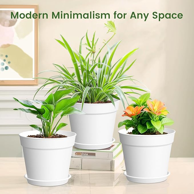 10 Pack 6 Inch Plant Pots with Drainage and Saucers, White Plastic Flower Pots for Indoor and Outdoor Plants, Stackable Nursery Planters for Houseplants and Herbs, White