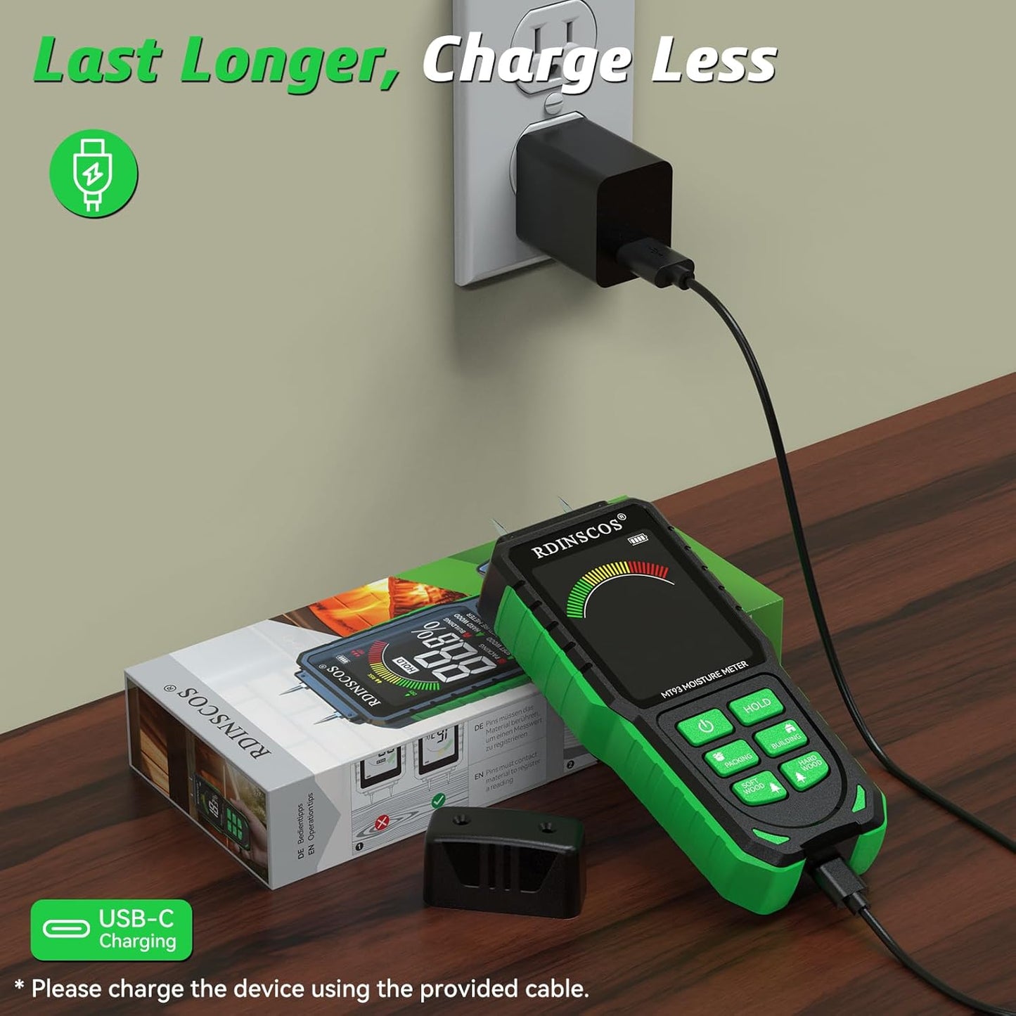 Rechargeable Moisture Meter for Wood, Walls & Hardwood – Accurate Pin-Type Digital Tester with Large Color Display, Automatic Alarm, Calibration & HOLD Function for DIY & Construction Projects