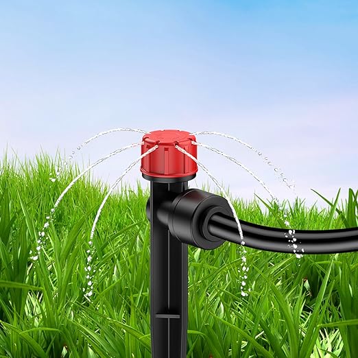 Pawfly 60 Pcs Push-to-Fit Drip Irrigation Emitters for 1/4 Inch Tubing, Drip Emitters Sprinklers with Stake & 8 Holes, Drip Irrigation System Parts with Adjustable Water Flow Irrigation Drippers, Red