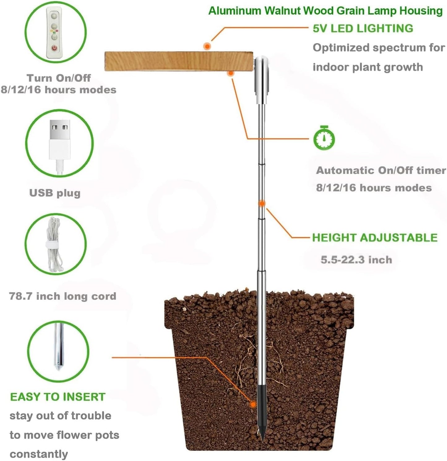yadoker Plant Grow Light, LED Growing Light Full Spectrum for Indoor Plants,Height Adjustable, Automatic Timer, 5V Low Safe Voltage,Idea for Small