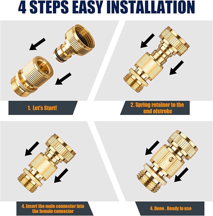 2PCS Garden Hose Quick Connect, Durable Quick Connect Hose Fitting, Heavy Duty 3/4 GHT Brass Quick Coupler for Pressure Washers, Sprinklers and Watering Systems